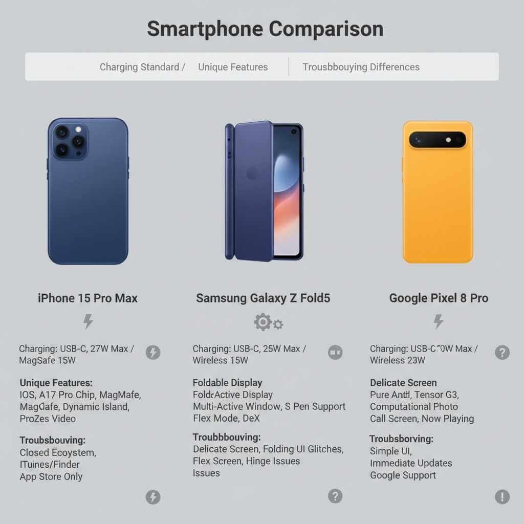 Comparison table of wireless charging specifications for iPhone, Samsung Galaxy, and Google Pixel phones
