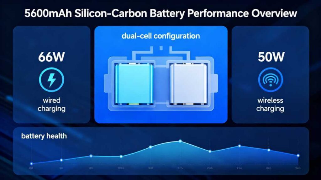 Huawei Mate X7 5600mAh silicon-carbon battery specifications and charging technology infographic