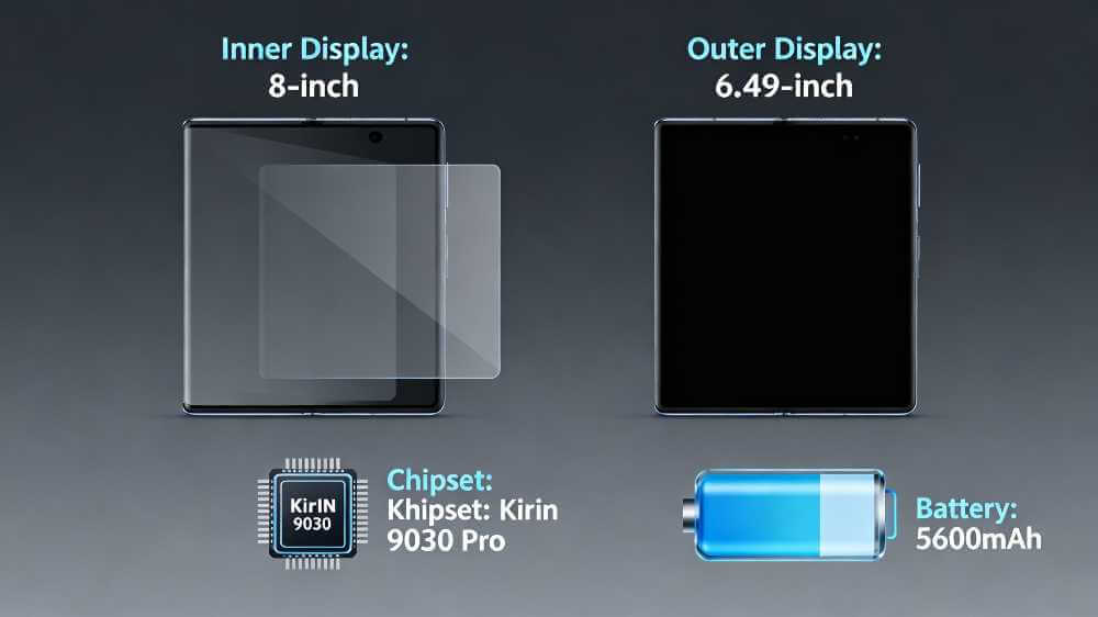 Huawei Mate X7 display specifications infographic showing 8-inch inner OLED and 6.49-inch cover screen features