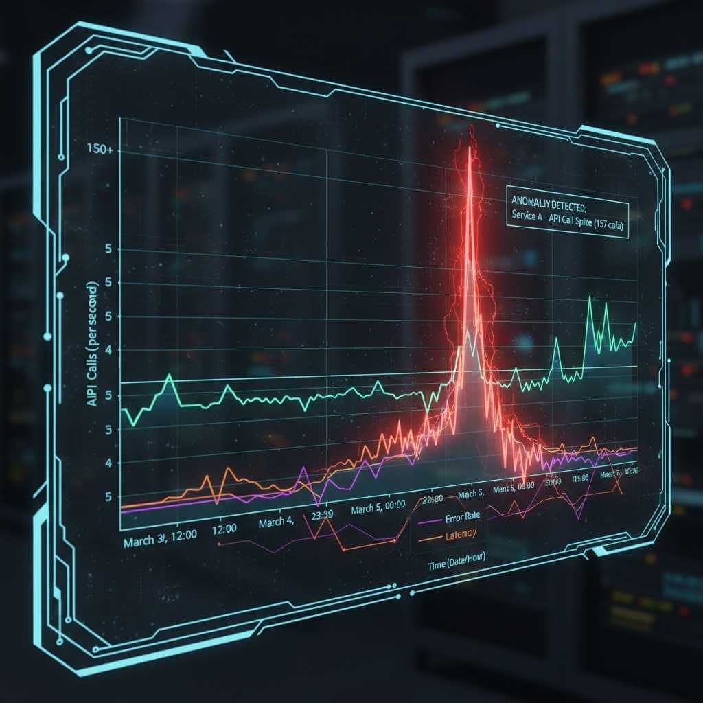 Data visualization graph showing API call anomaly detection: Normal 3-5 calls per minute baseline suddenly spiking to 150+ calls, indicating credential theft attempt detected and blocked