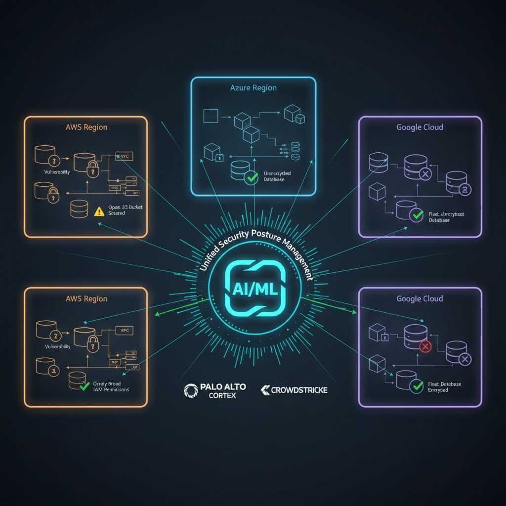 Multi-cloud architecture diagram: AWS, Azure, and Google Cloud connected to central AI security hub automatically detecting and remediating misconfigurations including open S3 buckets, overly broad IAM permissions, and unencrypted databases