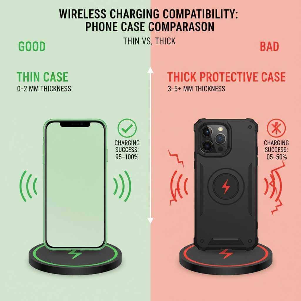 Comparison chart showing how different phone case thicknesses affect wireless charging capability
