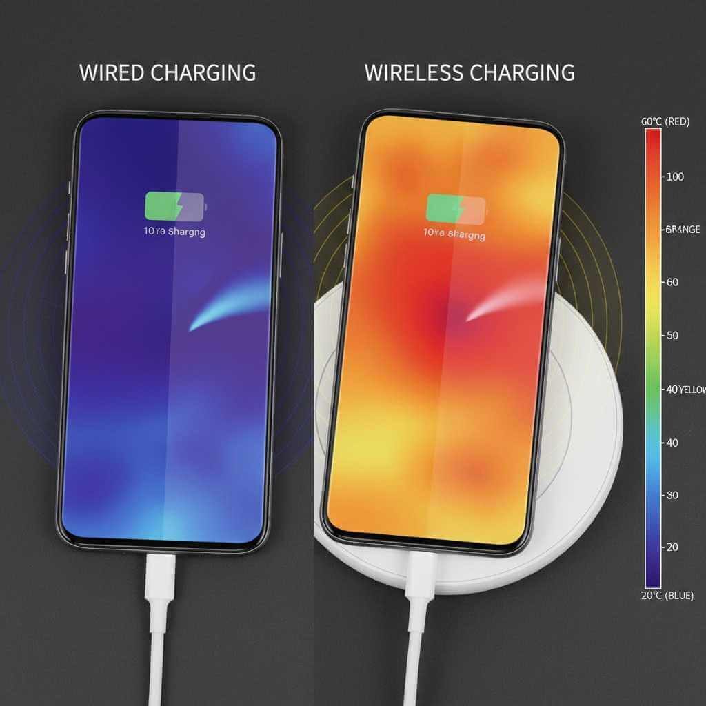 Thermal imaging comparison showing phone temperature increase during wireless vs wired charging