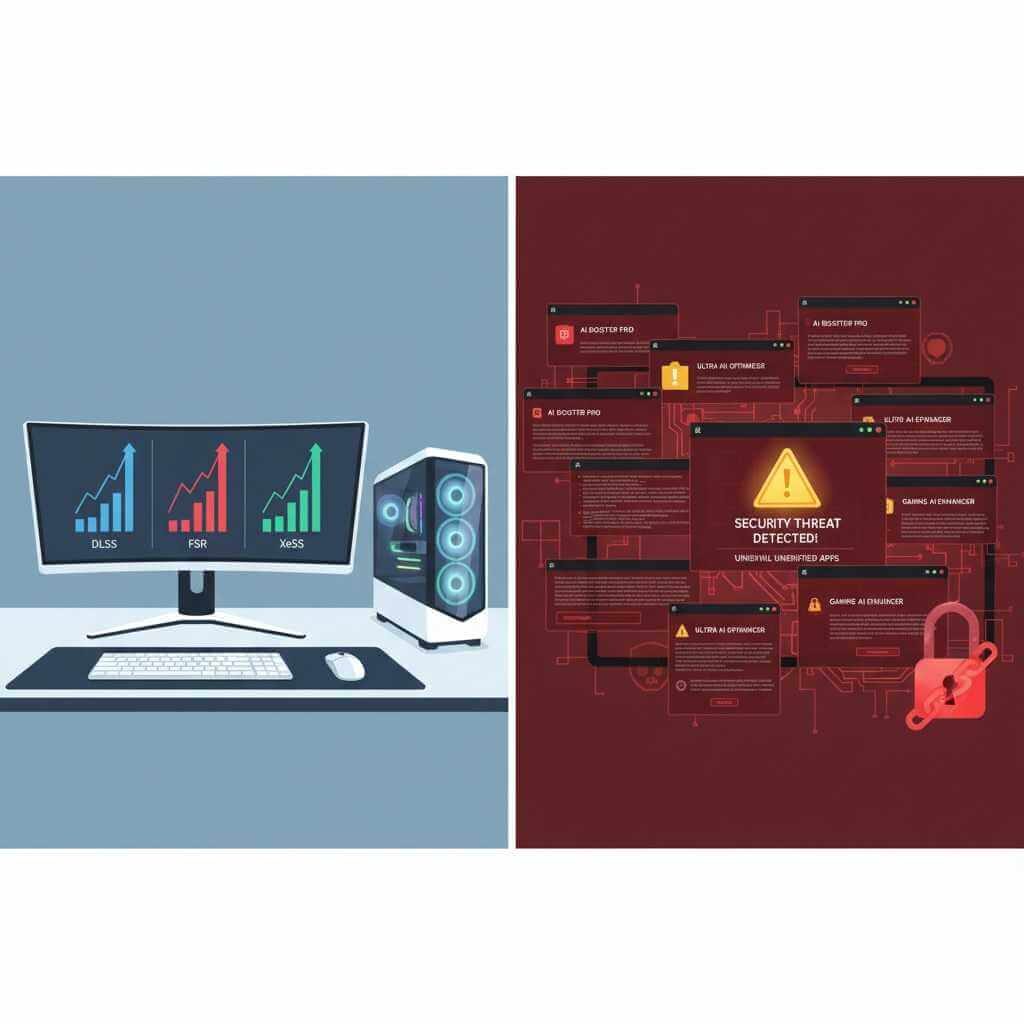 Split image comparing real AI upscaling tools like DLSS and FSR with cluttered fake AI booster apps that can harm Windows 11 performance.