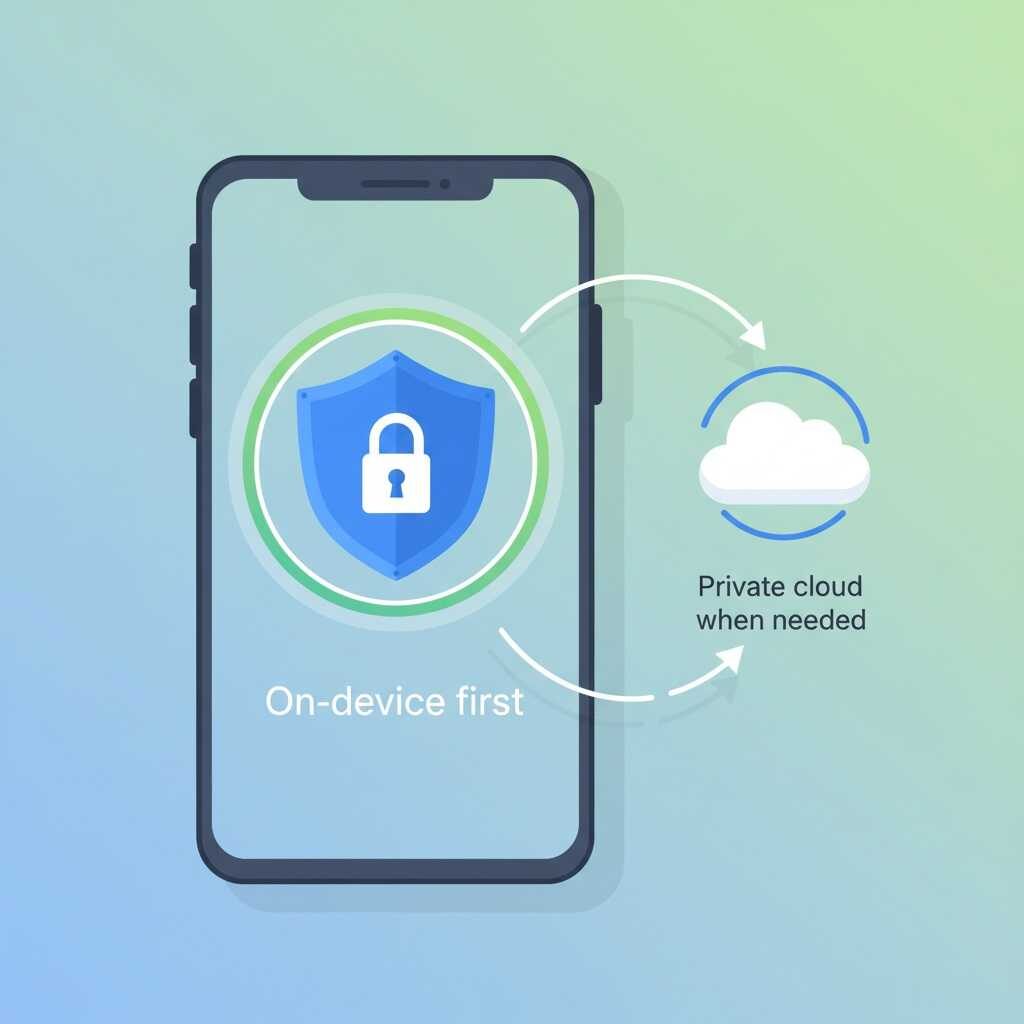 Illustration of privacy-first smartphone AI: on-device processing with optional privacy-focused cloud help.
