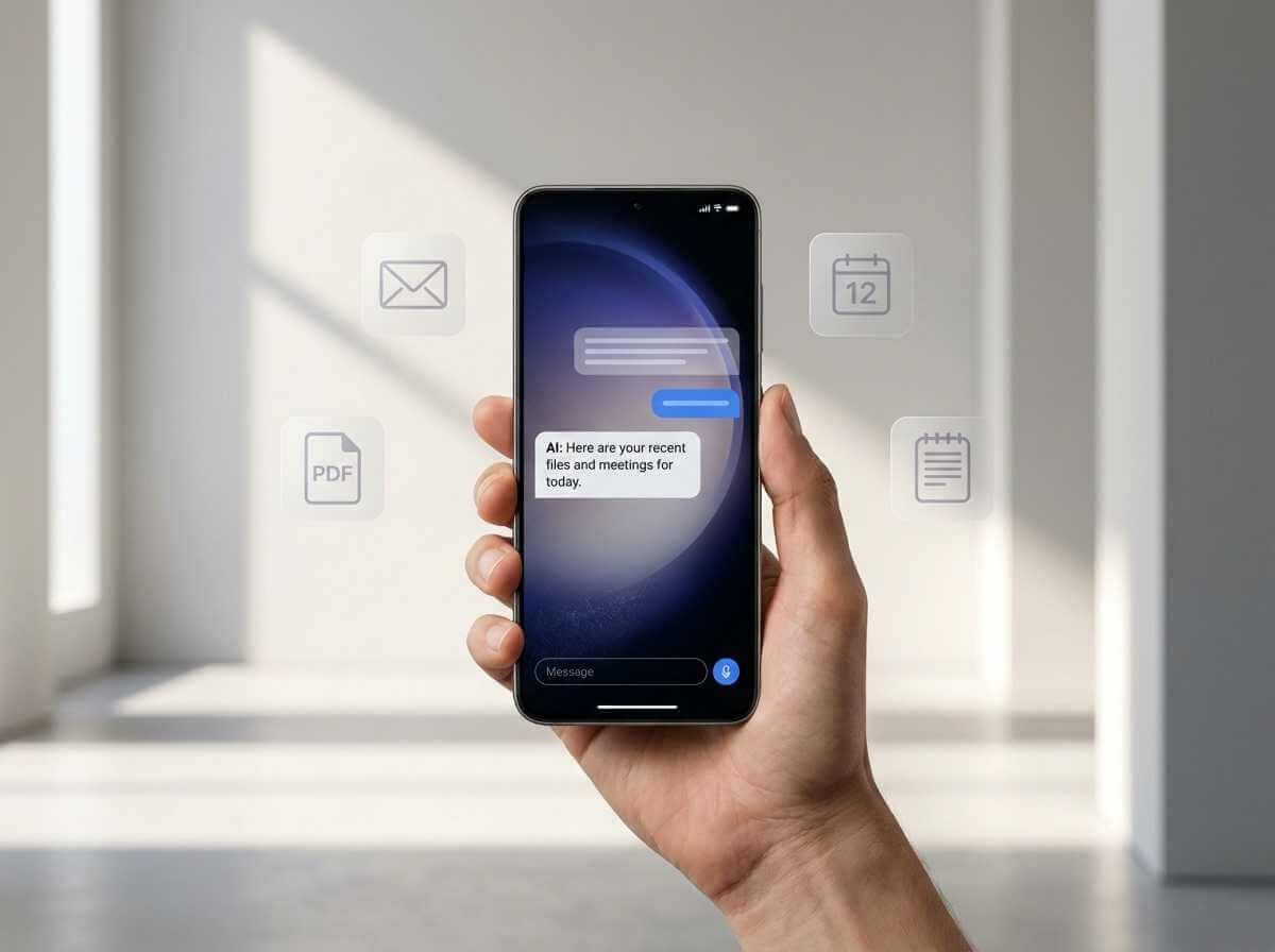 Person using a smartphone AI chatbot to summarize email, meetings, and documents.