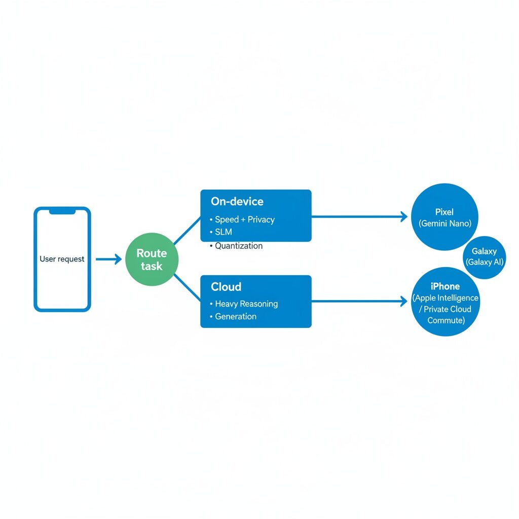 Flowchart showing how smartphone AI routes tasks on-device vs to the cloud across Pixel, Galaxy, and iPhone.