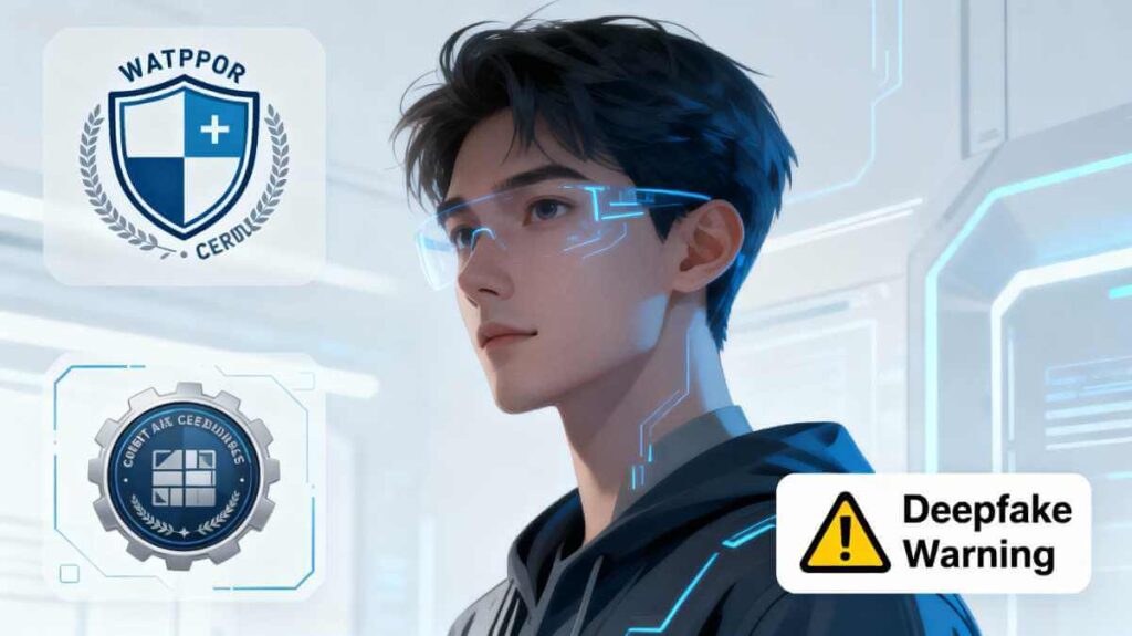 Concept illustration of Sora AI videos carrying watermarks and content credentials for safety