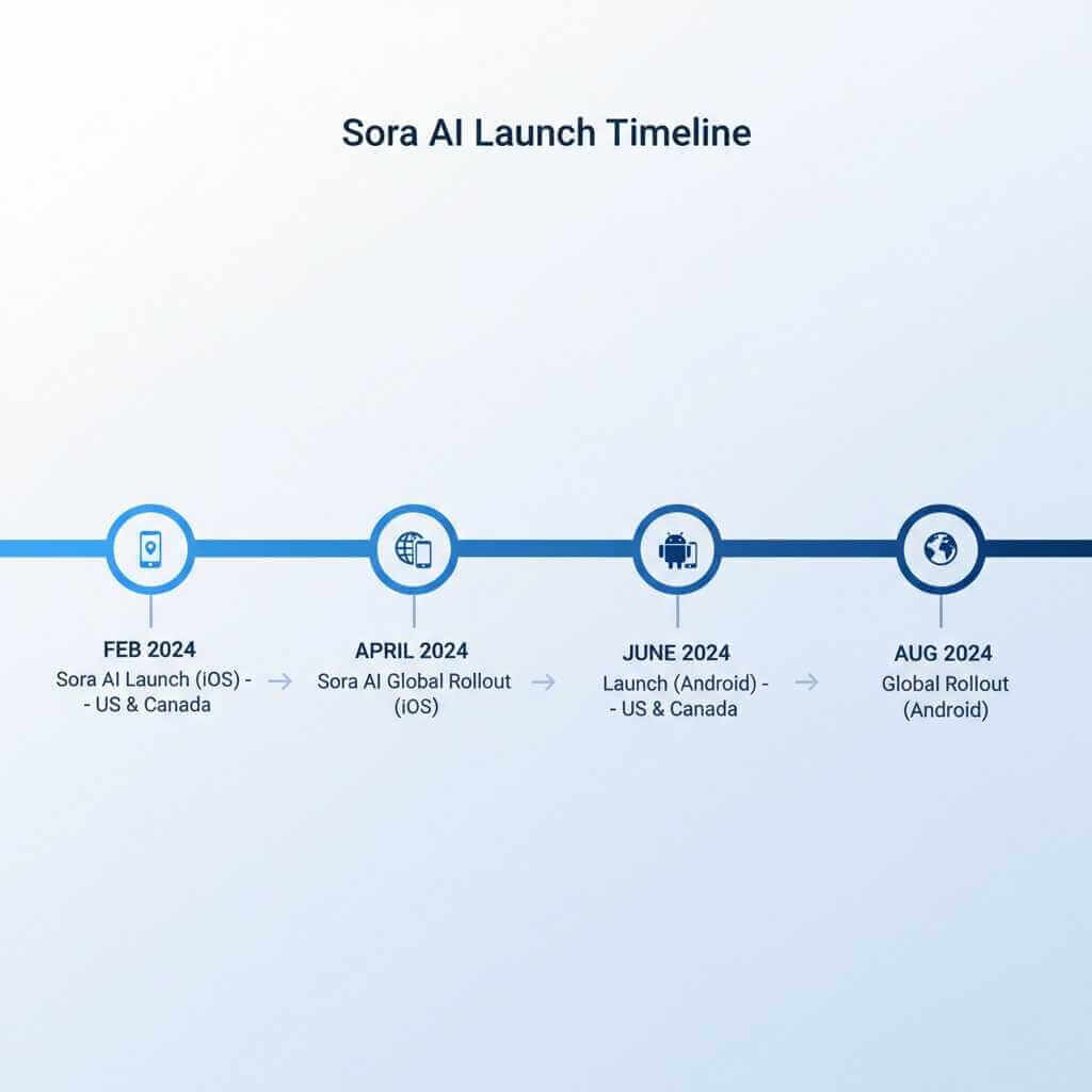 Timeline graphic of Sora AI release date across iOS, Android, and new regions