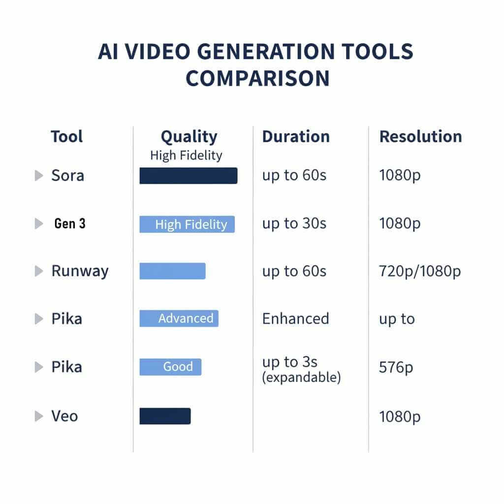 Infographic comparing Sora AI with Runway Gen‑3, Pika Labs, and Google Veo on quality, duration, and price