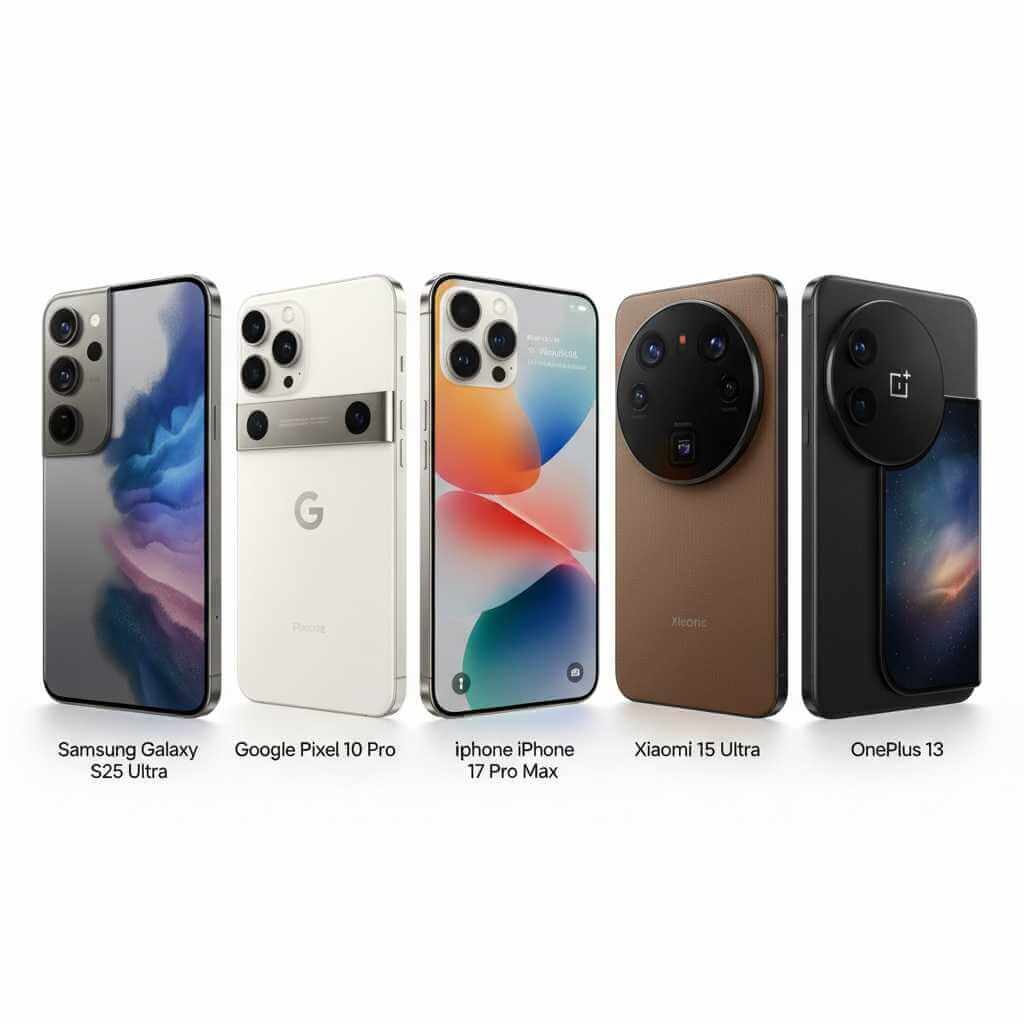 Comparison of top 5 AI-powered smartphones 2026: Samsung Galaxy S25 Ultra, Google Pixel 10 Pro, Apple iPhone 17 Pro Max, Xiaomi 15 Ultra, and OnePlus 13