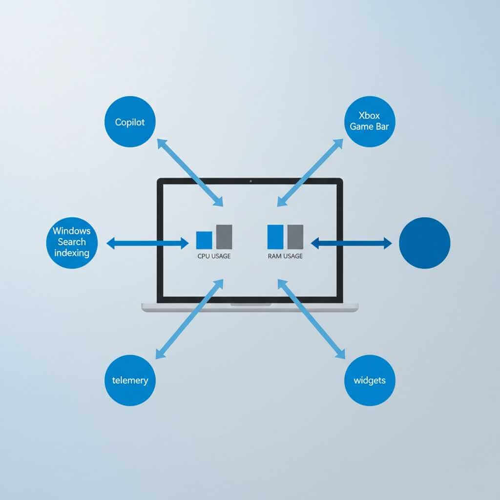 Diagram of Windows 11 laptop showing Copilot, indexing, telemetry, Xbox Game Bar and widgets increasing CPU and memory usage.