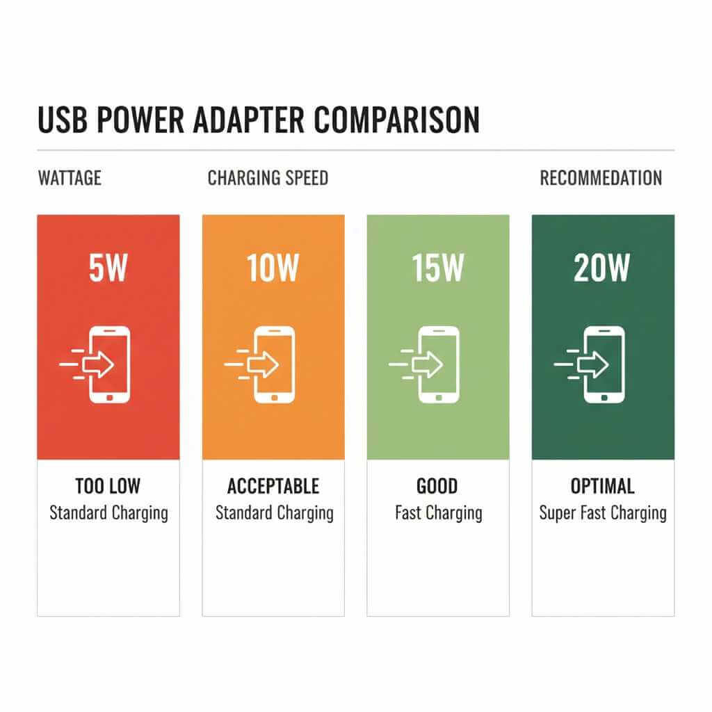 Chart showing recommended USB power adapter wattage for different wireless charging speeds