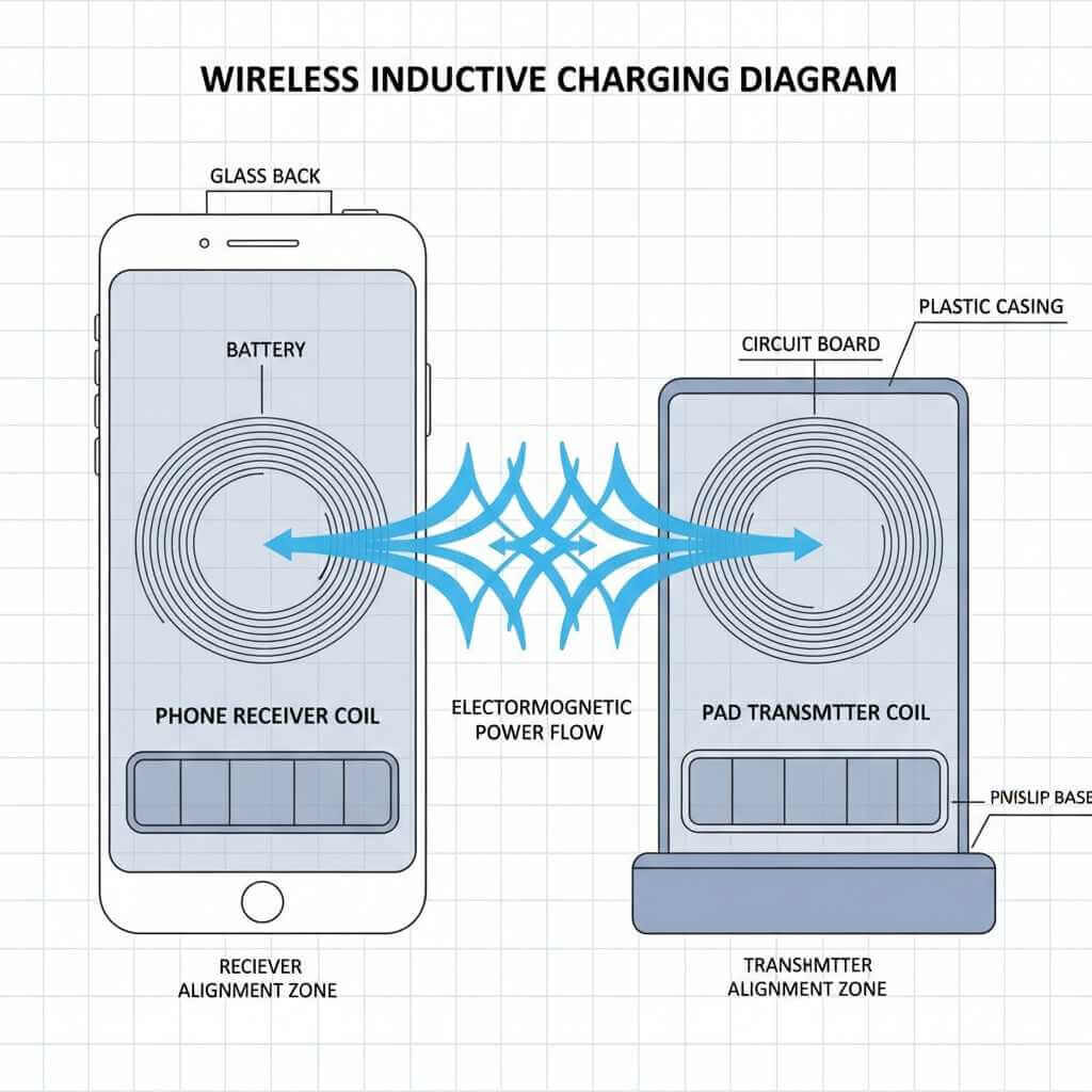 Diagram showing electromagnetic coil alignment in wireless charging pad and smartphone