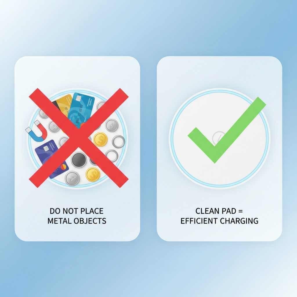 Visual illustration of common objects that block or interfere with wireless charging signals
