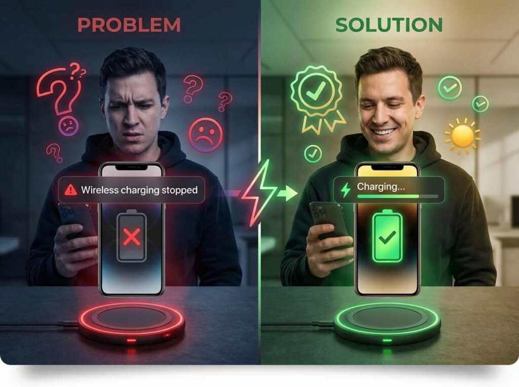 Split-screen comparison showing frustrated smartphone user unable to charge  on left side, and happy user successfully charging phone wirelessly on right side