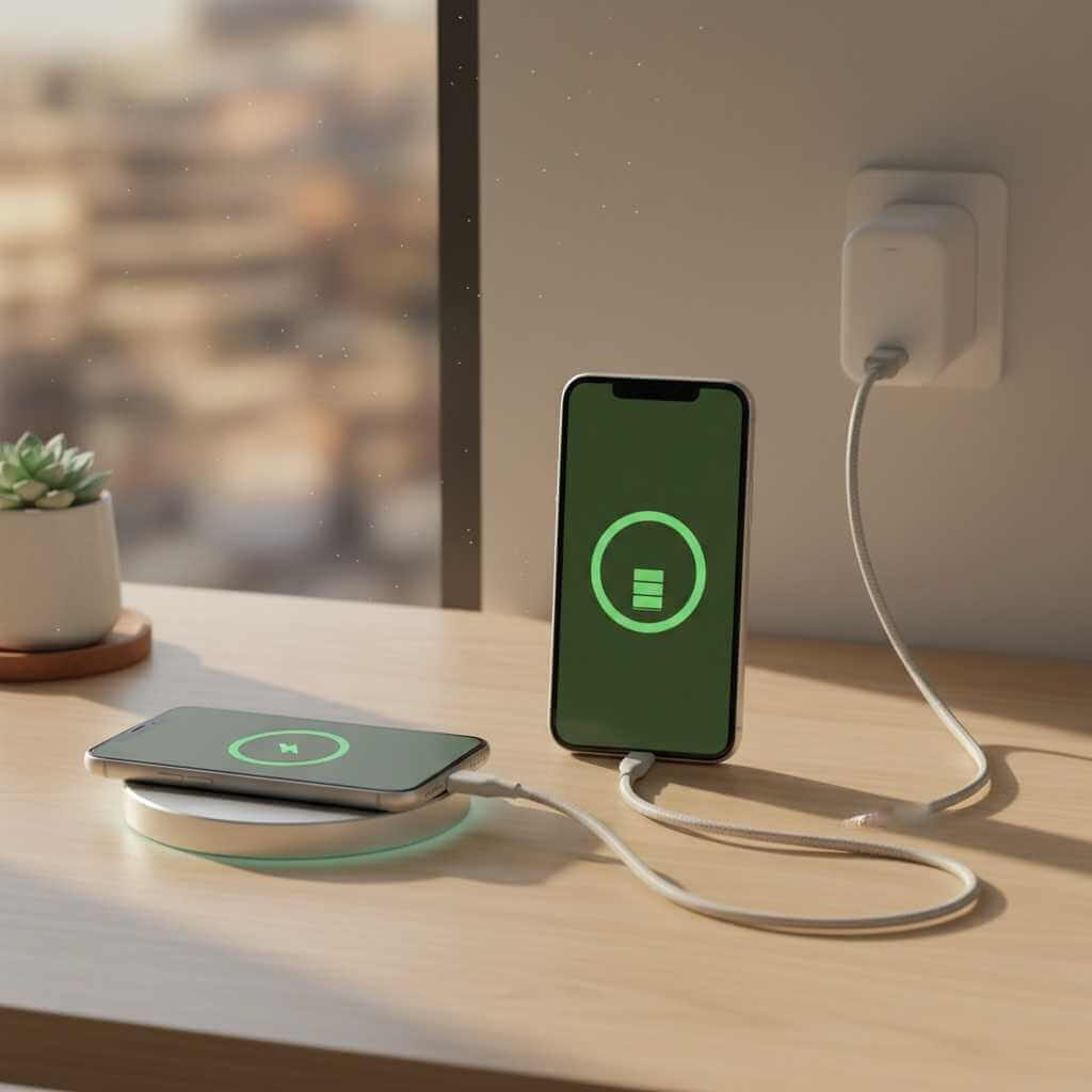 Charging comparison showing MagSafe-style wireless charging vs fast wired charging.