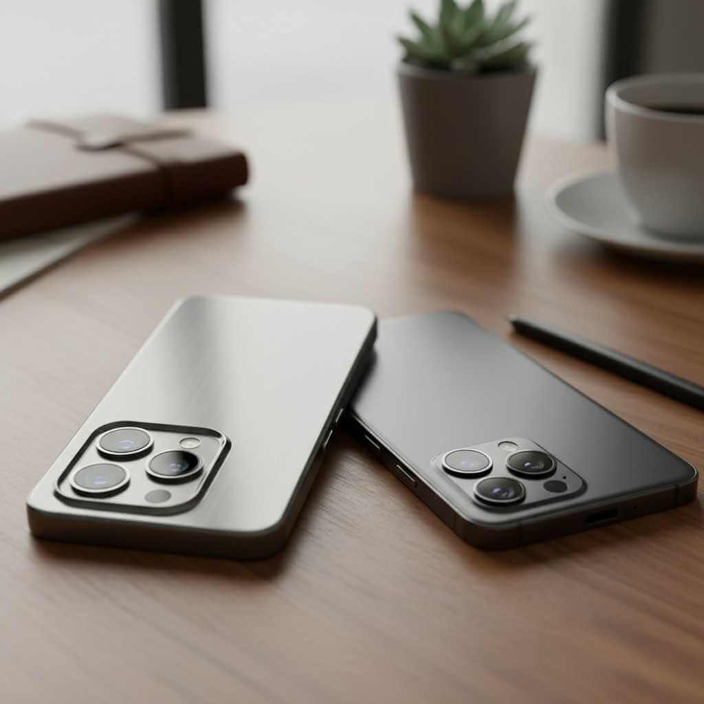 Smartphone design comparison showing aluminum vs titanium build and a stylus.