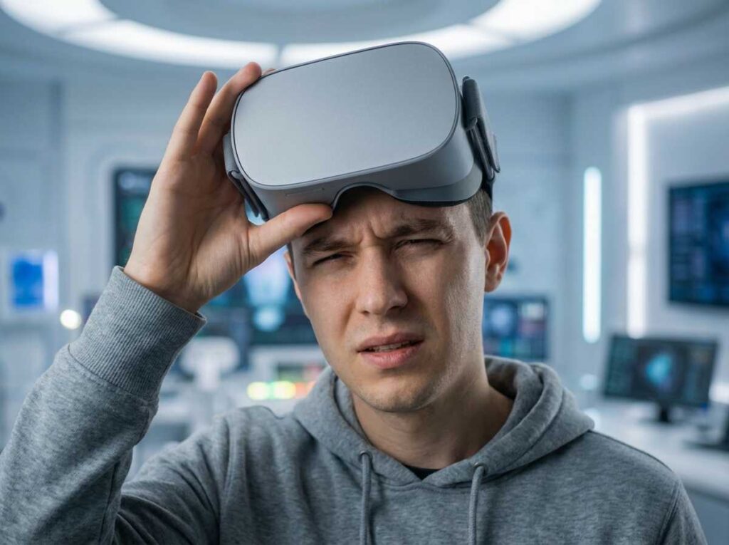VR user adjusting headset to fix blurry vision and dizziness.