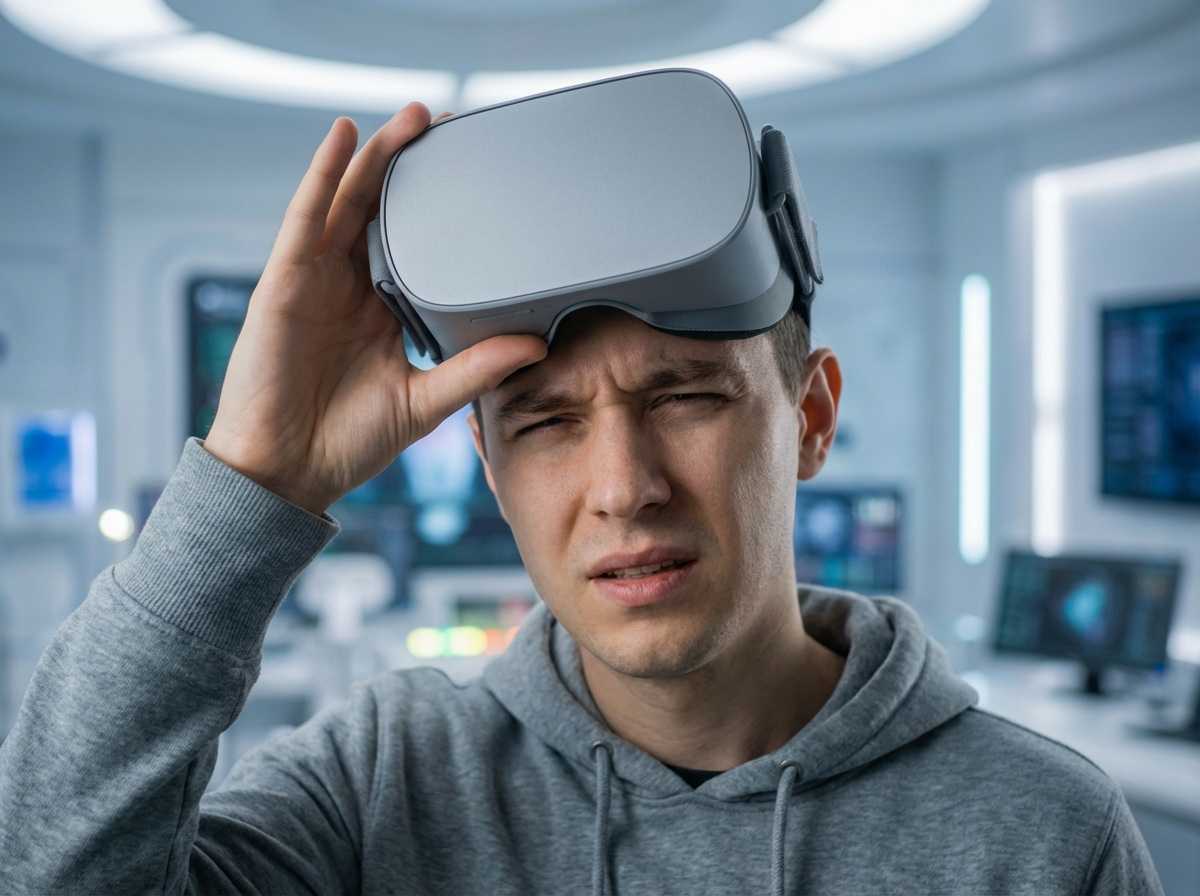 VR user adjusting headset to fix blurry vision and dizziness.