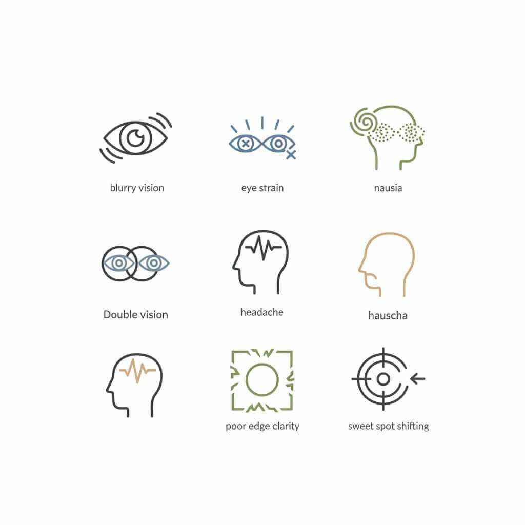 Icons representing common blurry VR symptoms like eye strain, nausea, and headaches.