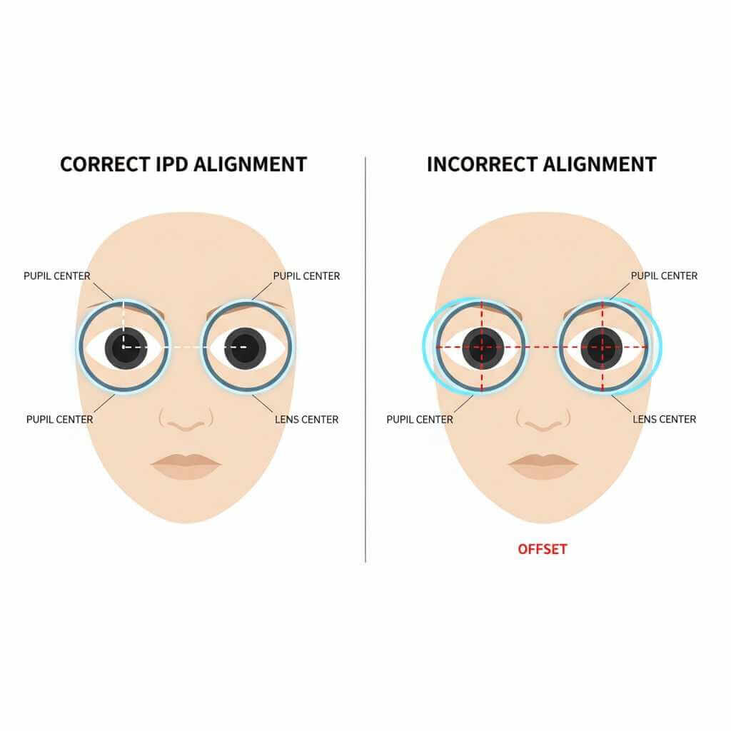 Diagram showing correct vs incorrect IPD alignment in a VR headset.