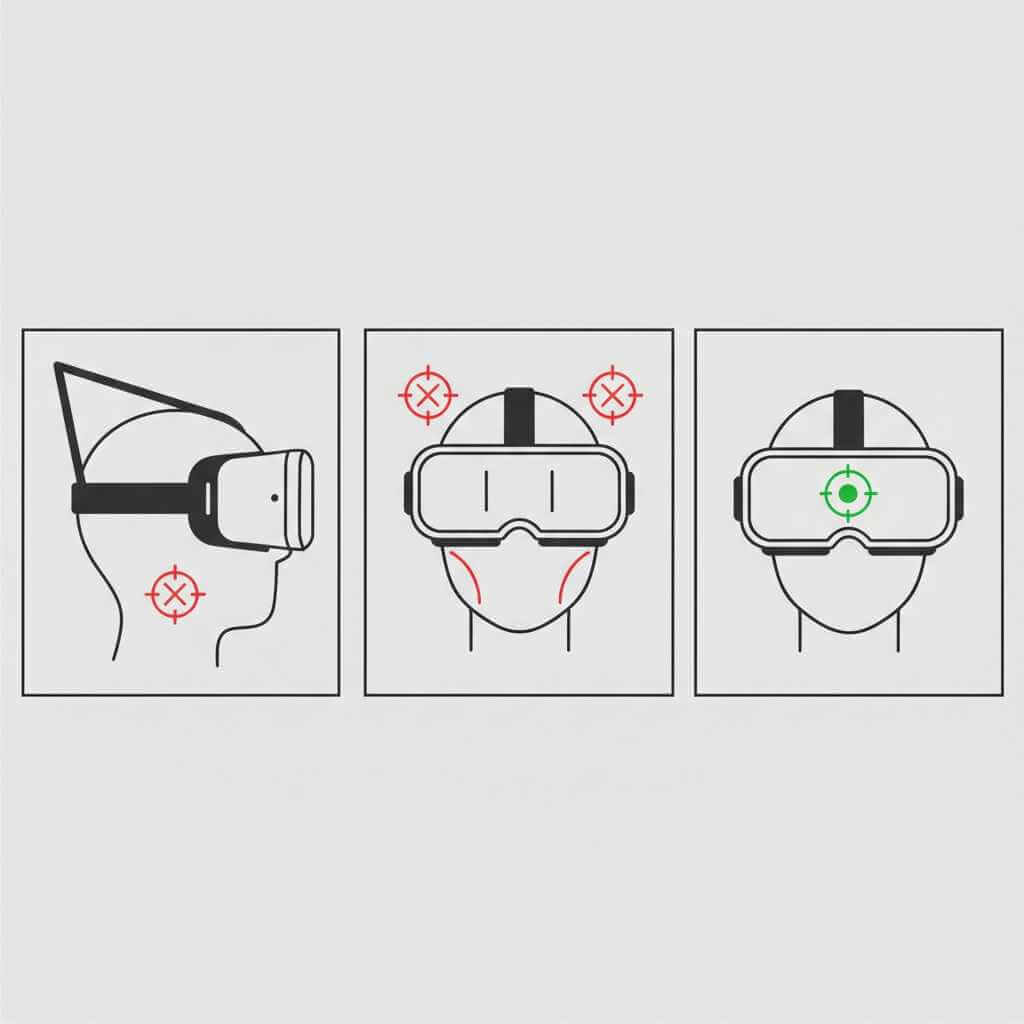 Illustration of VR headset positioned too high, too low, and correctly for the sweet spot.