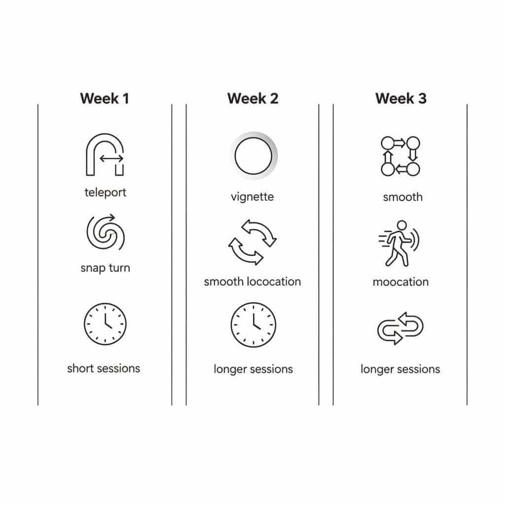 Three-week VR motion sickness adaptation timeline using comfort settings and short sessions.