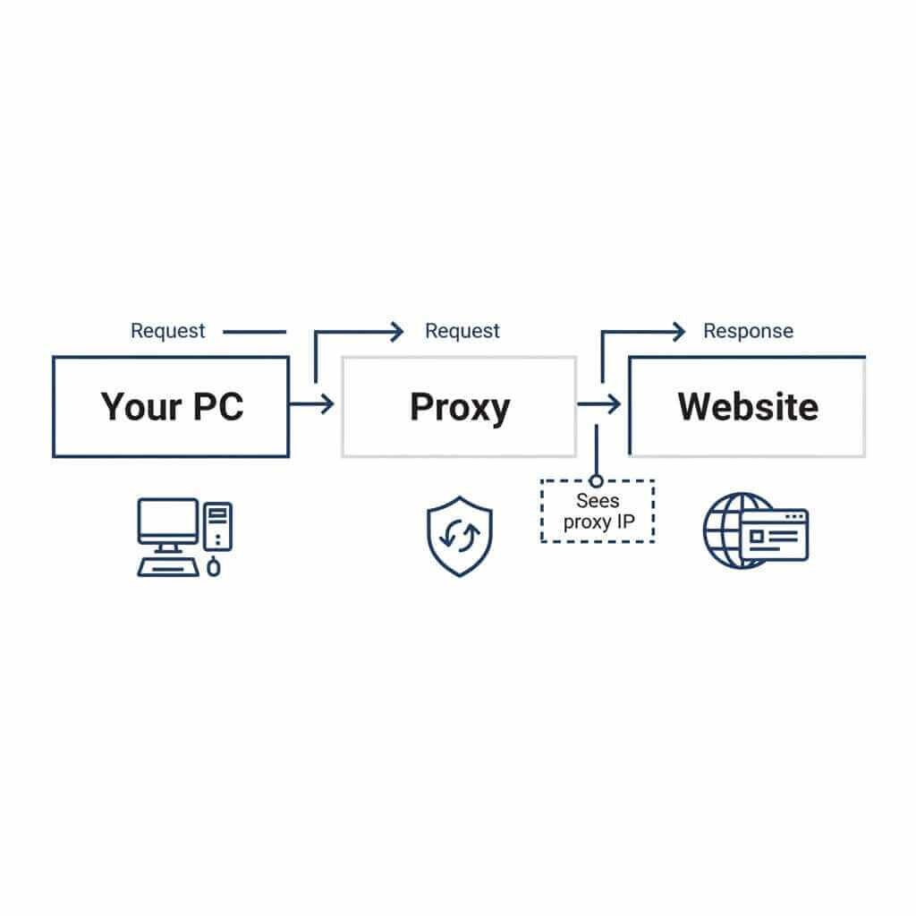 Diagram showing a computer connecting to a website through a proxy server (middleman).