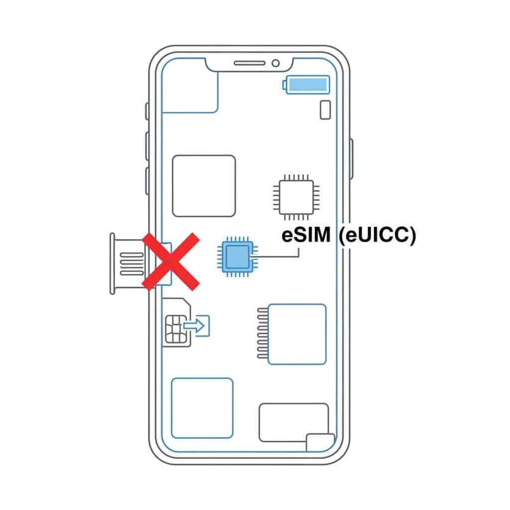 Diagram showing an embedded eSIM and no SIM tray