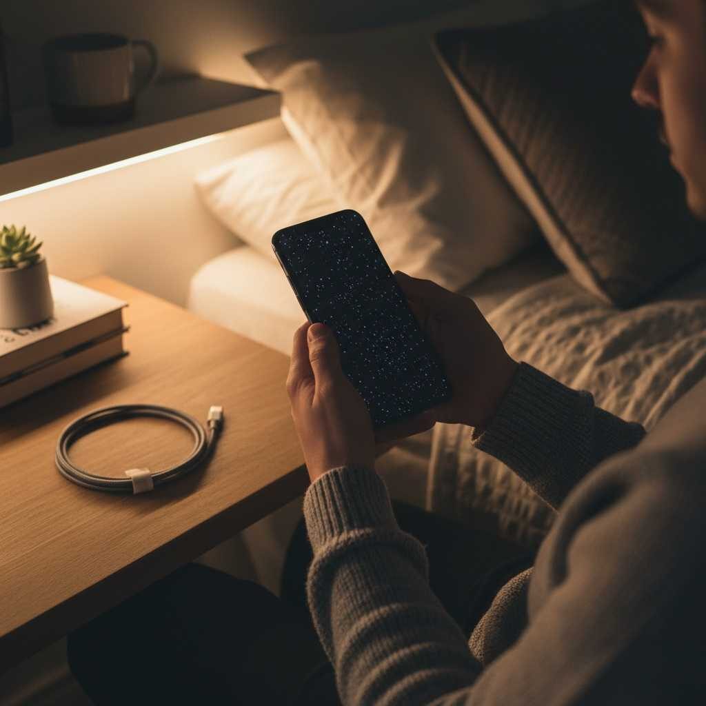 Person using a phone in dark mode at night after switching to a black wallpaper