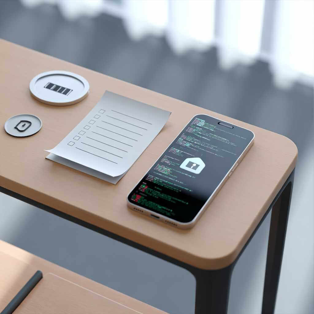 Smartphone next to a checklist with battery and privacy icons