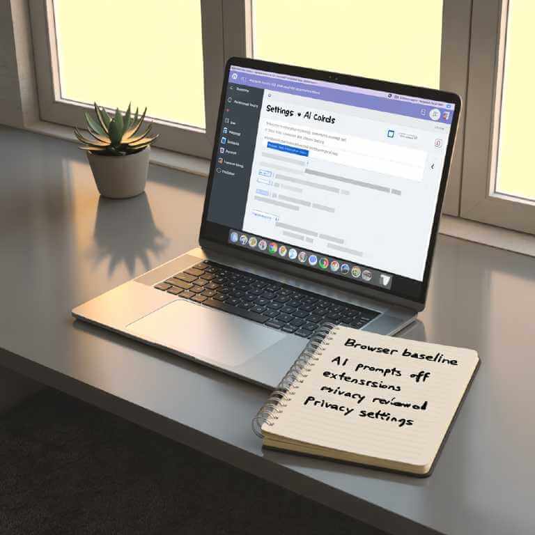 IT desk scene with a checklist for a browser baseline, including AI controls and extension review.
