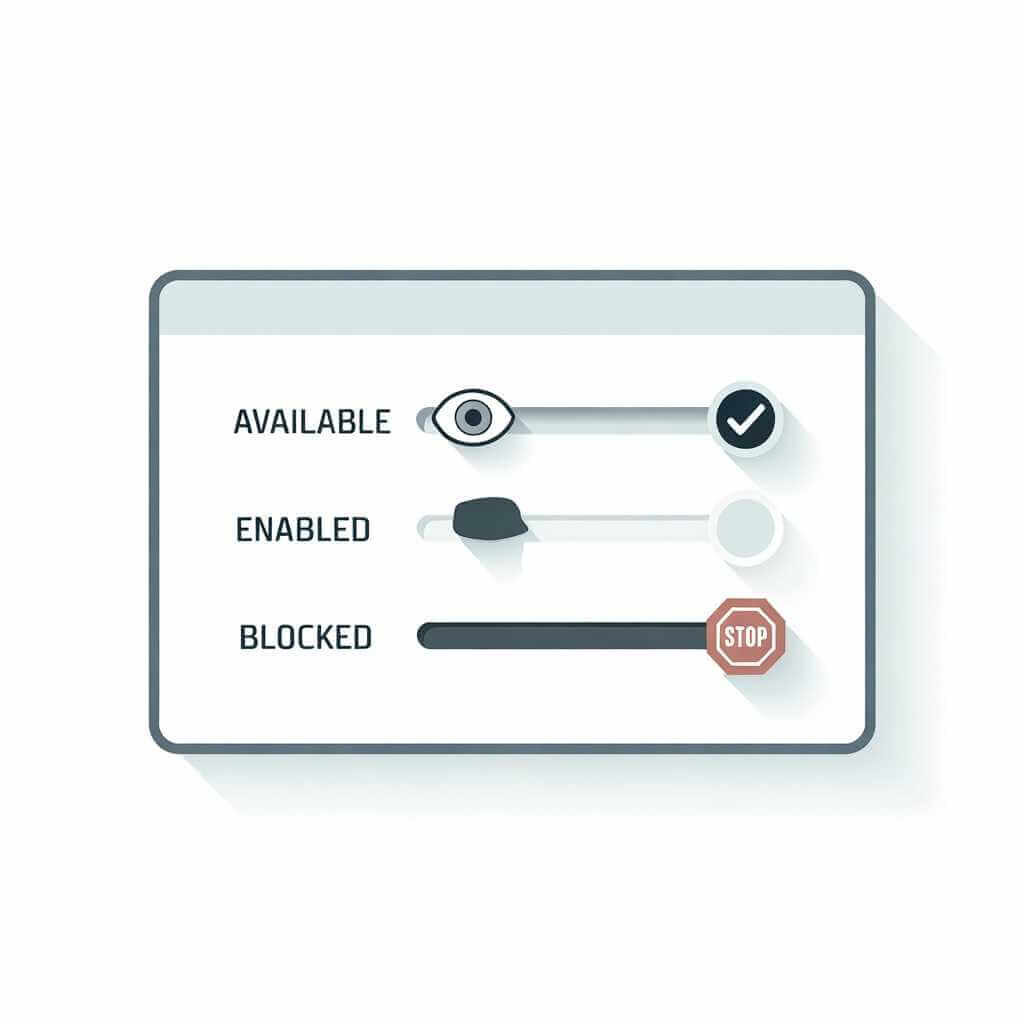 A governance-style dashboard showing Available, Enabled, and Blocked states for AI features.