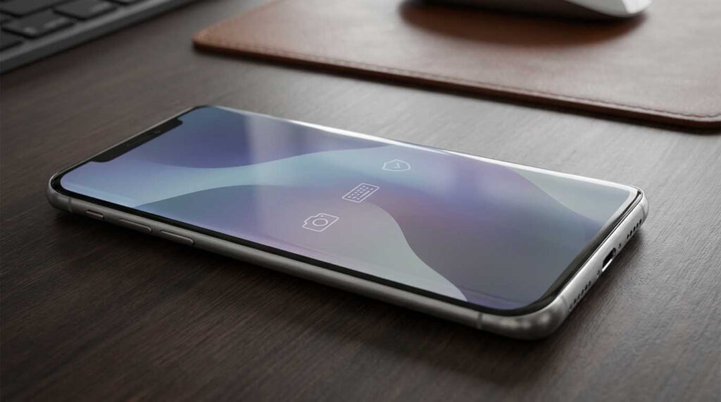 Smartphone showing AI camera, typing, and call protection icons
