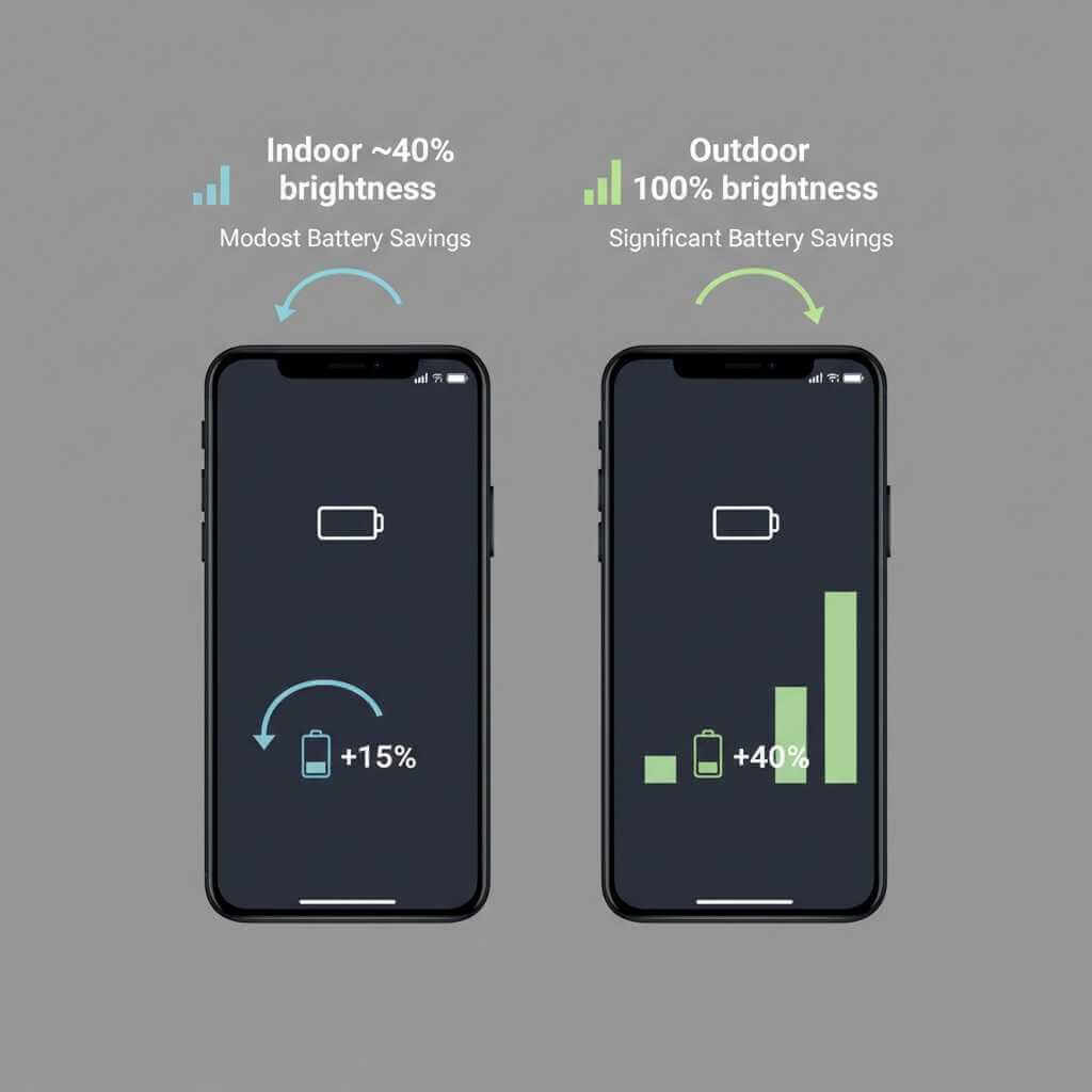 Graphic comparing dark mode battery savings indoors versus outdoors at high brightness