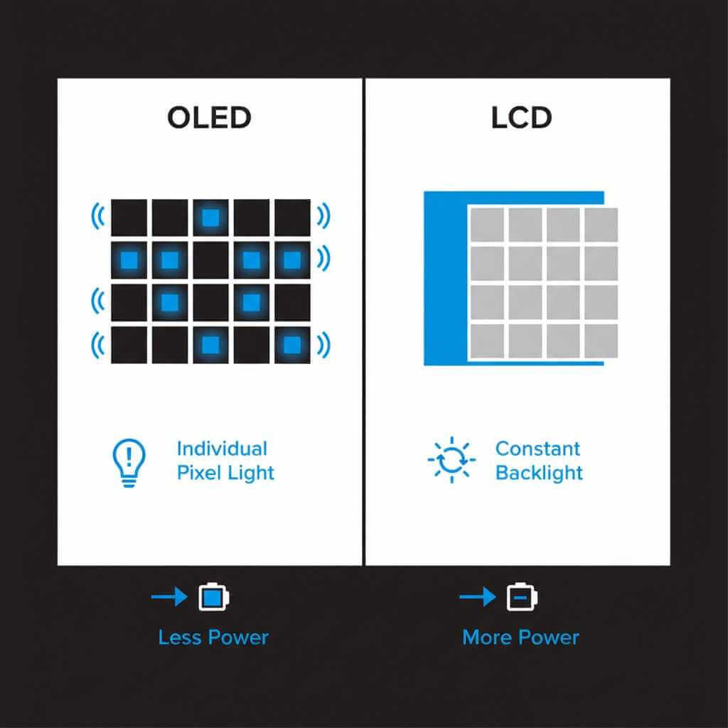 Infographic showing OLED pixels turn off for black while LCD uses a constant backlight