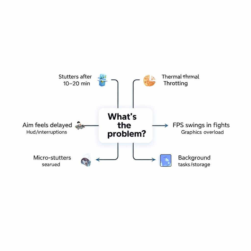 Android FPS troubleshooting flowchart for stutter, overheating, and input lag