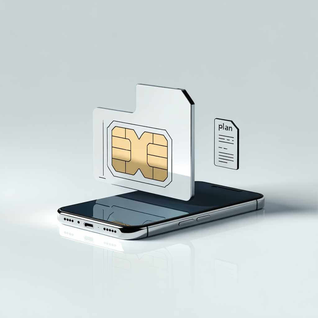 Phone with SIM and eSIM icons representing plan and provisioning