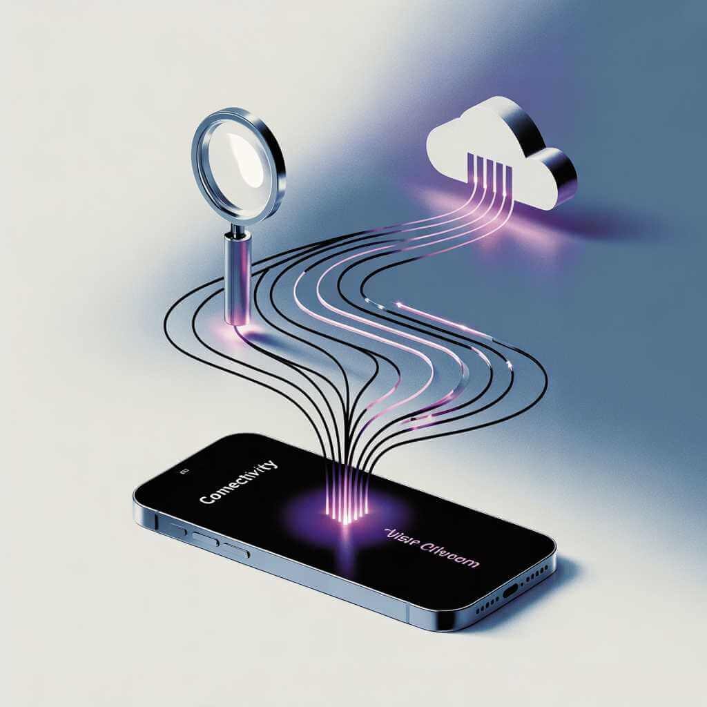 Network path from phone to tower to cloud with monitoring icons