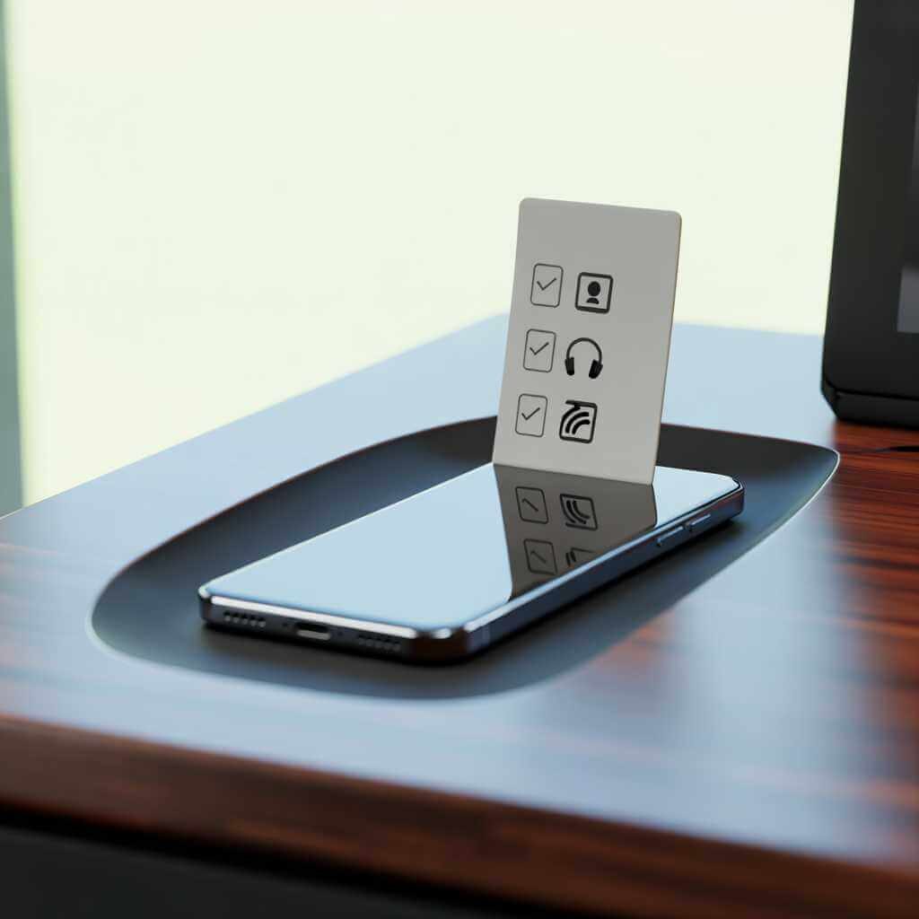 Smartphone beside icons representing channels, push-to-talk button, headset, and Wi‑Fi.