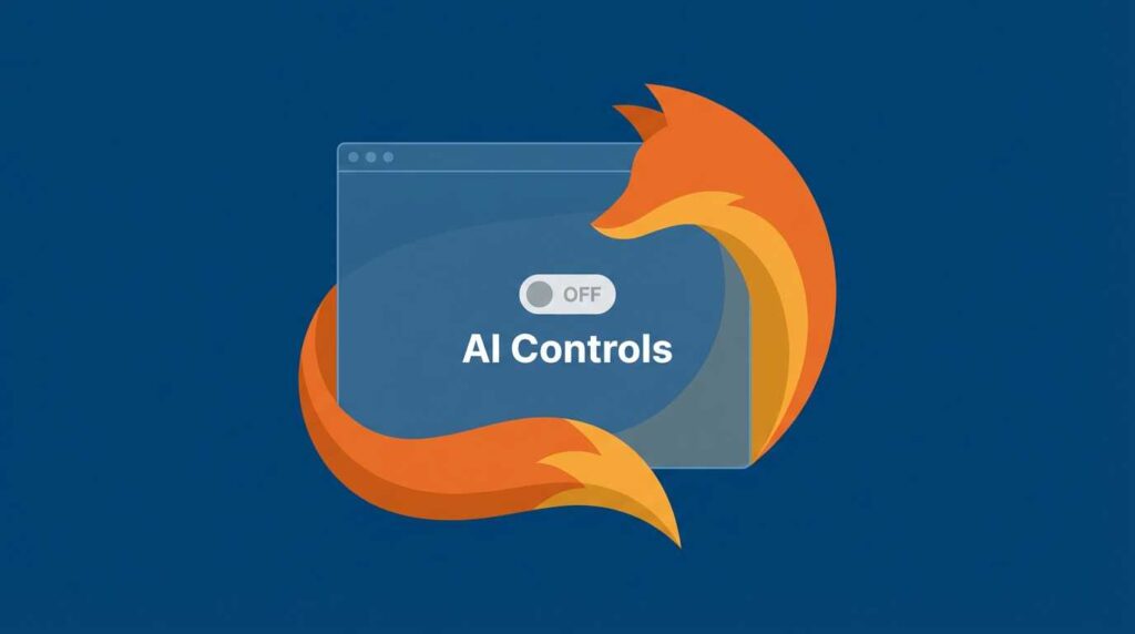 Firefox AI Controls master switch shown as OFF in a stylized browser settings scene.