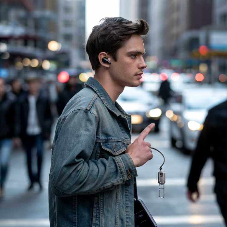 Person using a headset and a small external button to talk hands-free with push-to-talk.