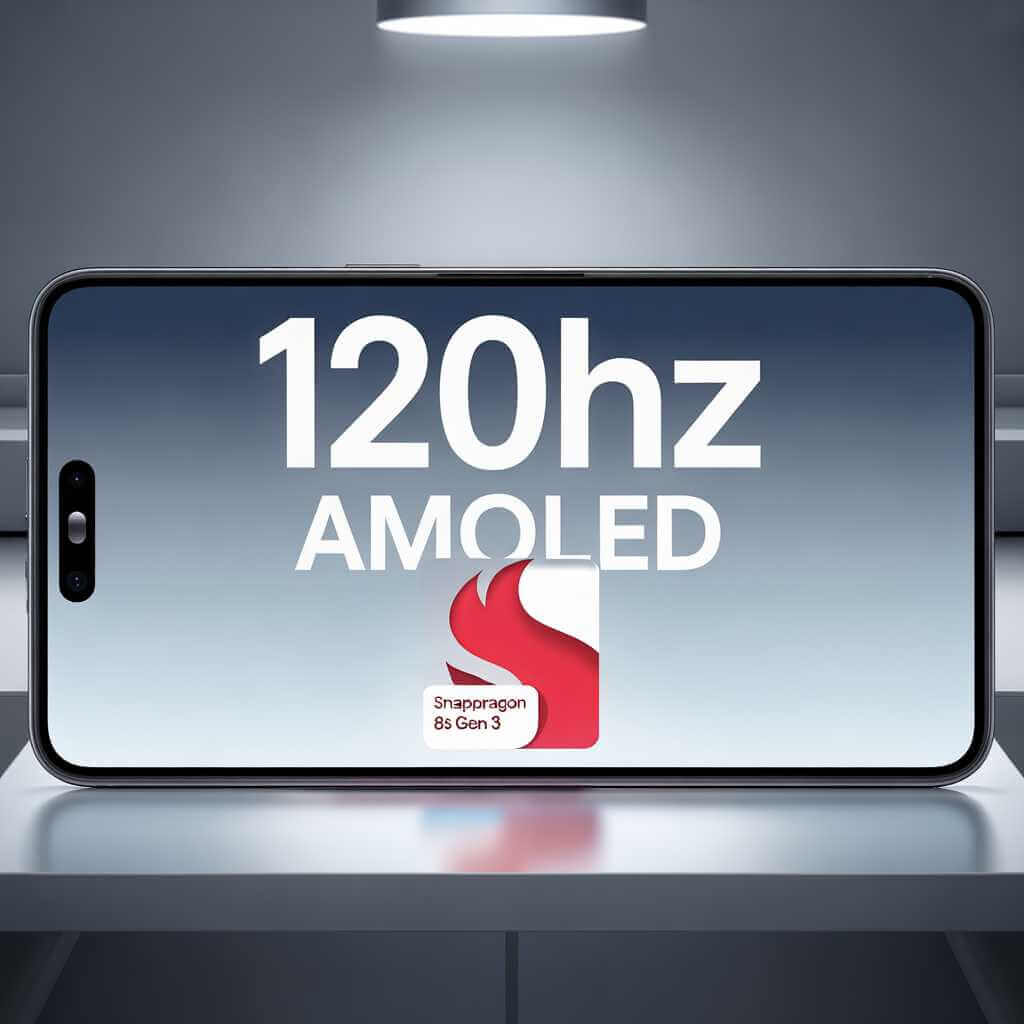 Concept graphic highlighting 120Hz AMOLED and Snapdragon 8s Gen 3 for V70 Elite.