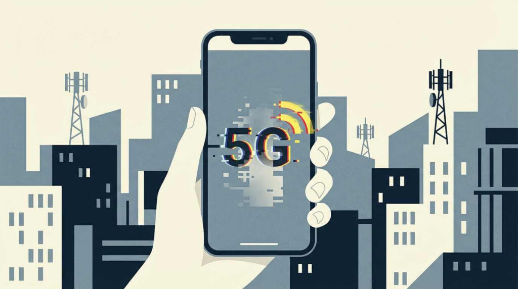 Phone showing unstable 5G signal in a city