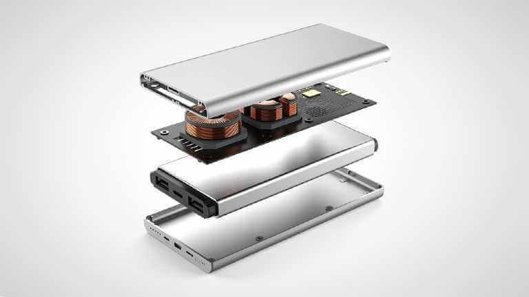 Exploded view concept showing layers inside an ultra-thin magnetic power bank