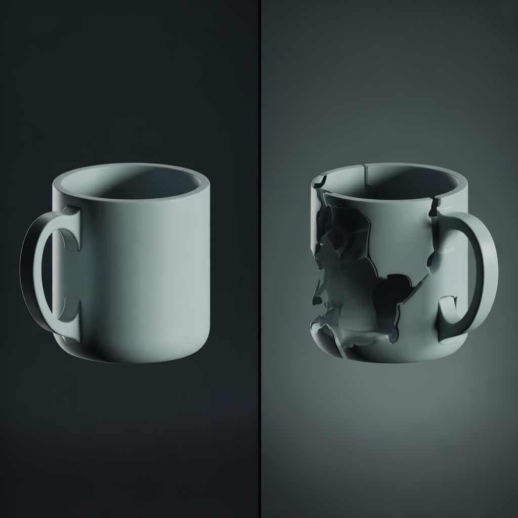 Clean versus flawed AI-generated 3D mesh in a viewer.