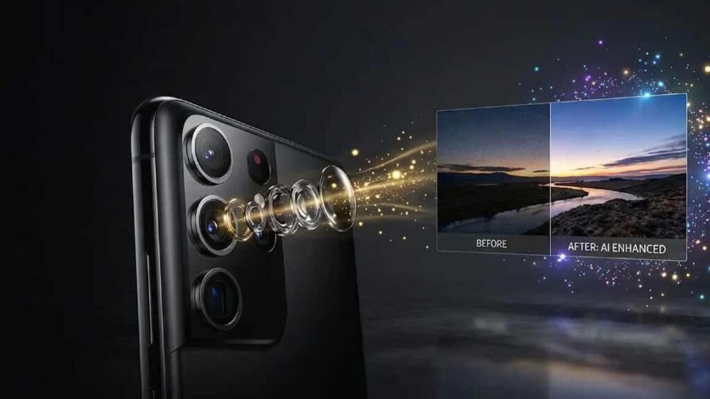 Android camera settings menu with AI features enabled like Scene Optimizer on Samsung Galaxy and Pixel.