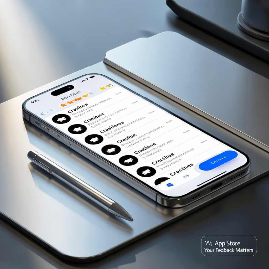 Hand scrolling through app store 1-star reviews on smartphone screen checking for crash and freeze reports