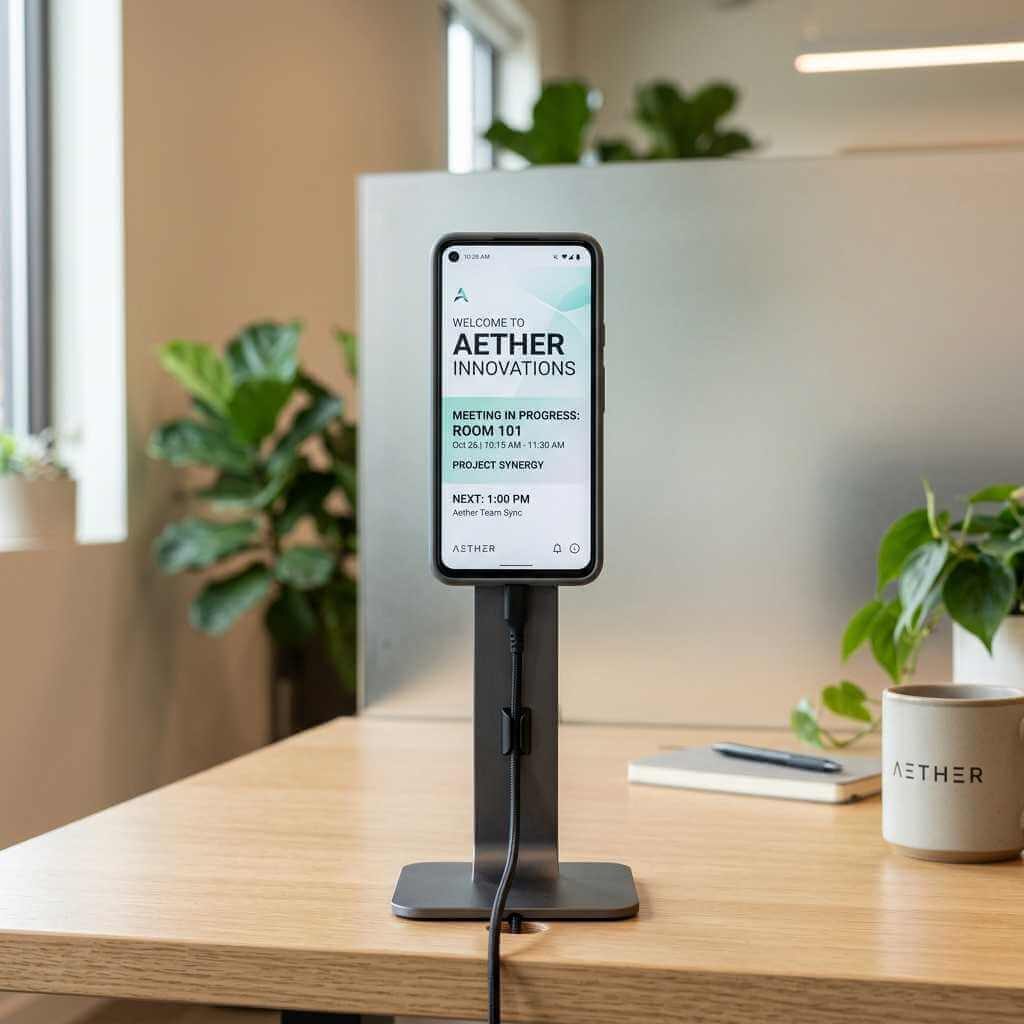 android phone mounted on stand for digital signage setup